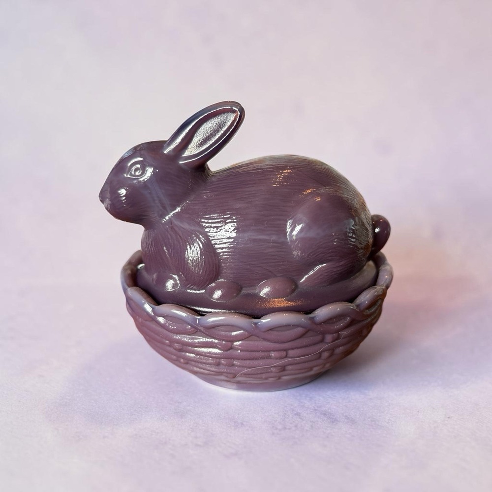 Mosser Glass Eggplant  slag Bunny on Basket Nest Trinket Box